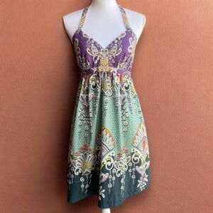 Y2K Express Green and Purple Floral Halter Top Mini Dress